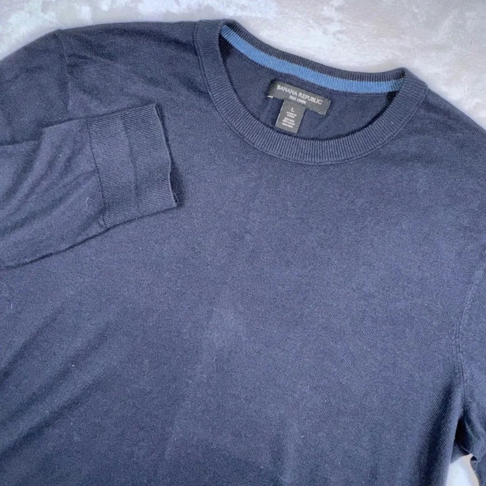 Banana Republic Sweater Mens Large Navy Blue Silk Linen Blend Crew Neck Pullover